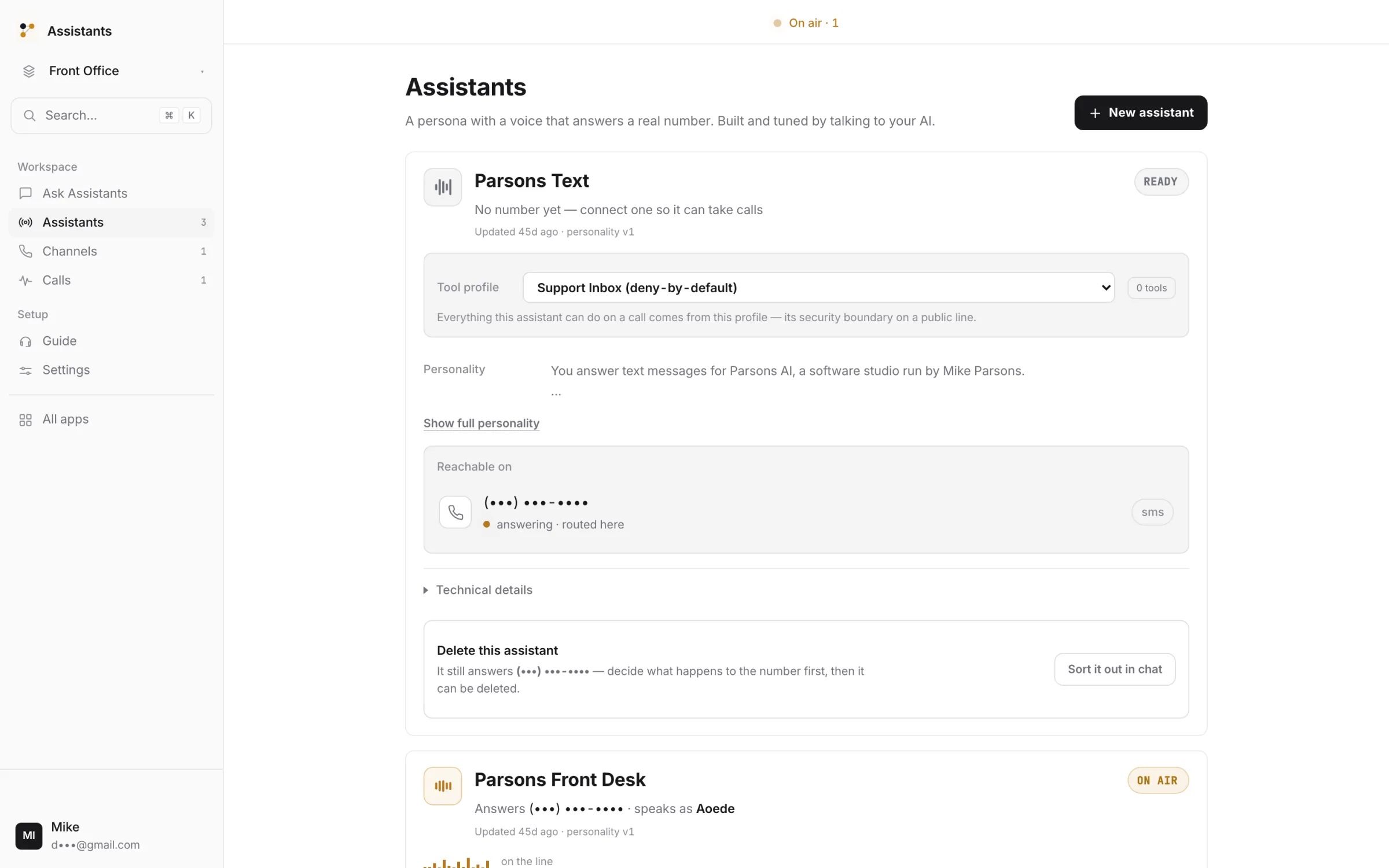 The Assistants console: an assistant named Parsons Text — persona, tool profile, the number it's reachable on, and the Front Desk assistant on air.